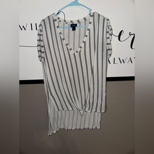 a new day White and Black Striped V-Neck Knot Front Tunic